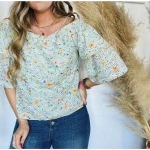 NEW ANTHROPOLOGIE LAIA Blue Ashtabula Top Floral Eyelet Blouse Size L